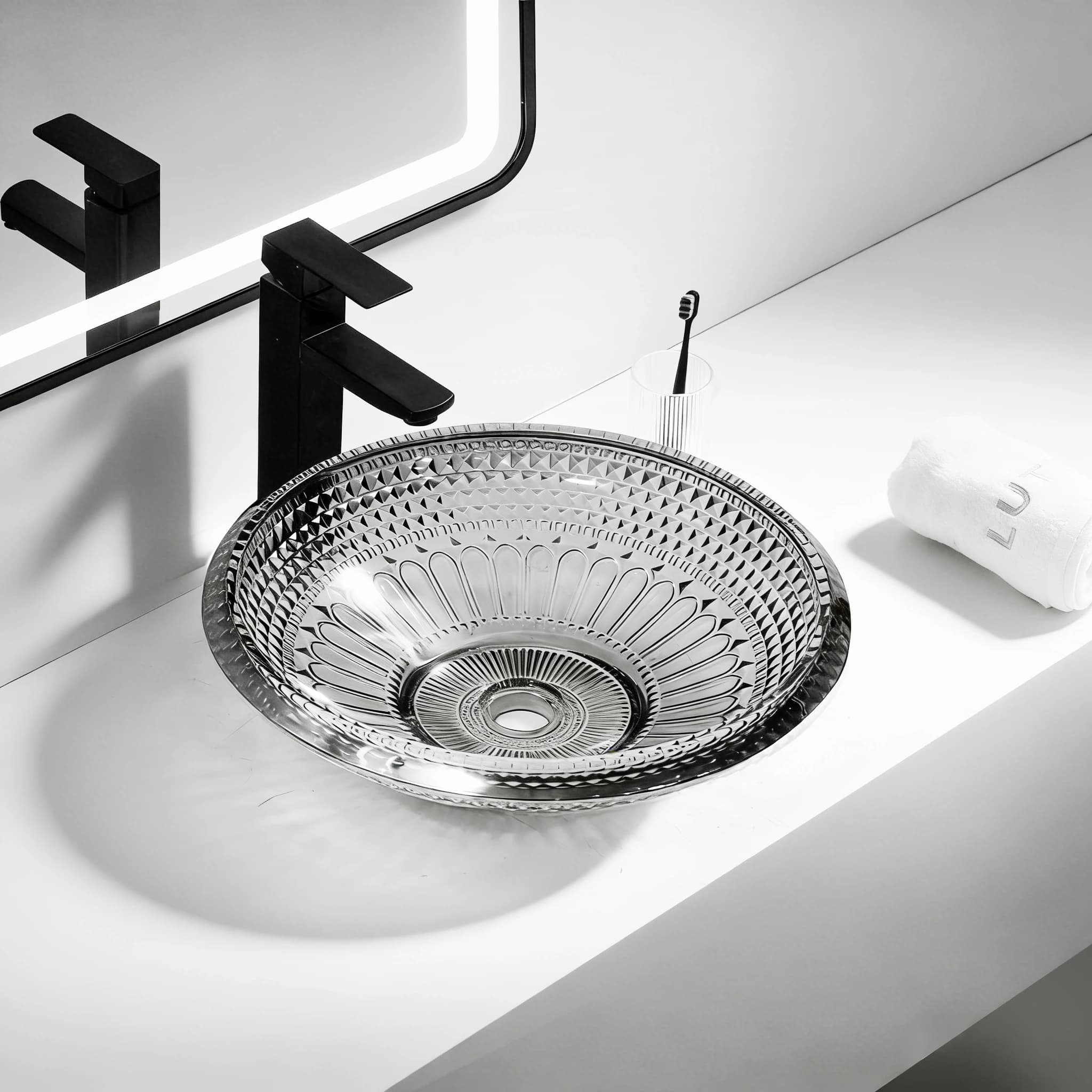 Shallow Textured Round Glass Washbasin BSA-0009-OBS in Pure Obisdian - product image 1